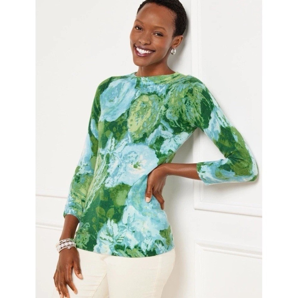 $199 NWT Talbots Audrey Pure Cashmere Sweater Abstract Floral 7/8 Sleeve M